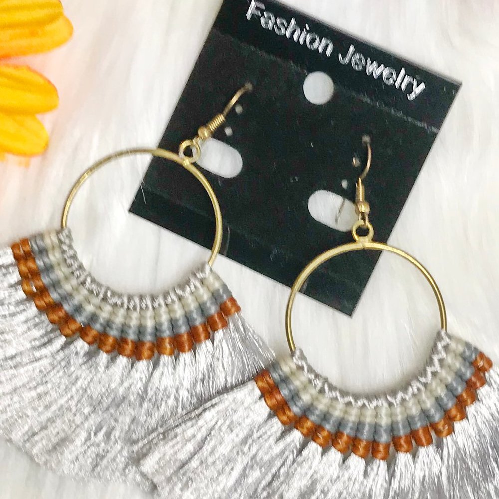 Boho Earrings Fan Tassel Fringe Hoop Drop Dangles Silver Goldtone Hoops NWT - Picture 2 of 3